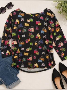 VTG Take Two Clothing Co Sequin Handbag Print Top XL Art to Wear Boho 90s Y2K